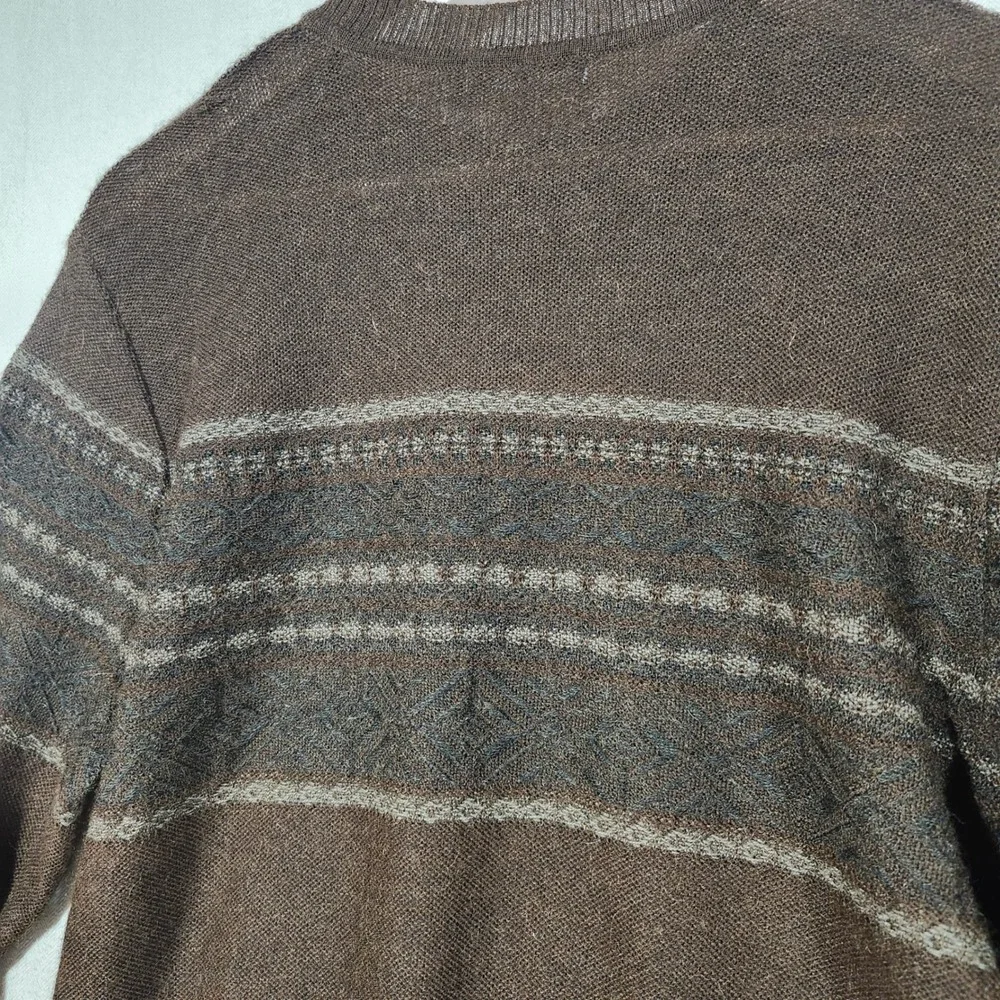 MFH Knits Mens Brown Baby Alpaca Silk Geometric Crewneck Sweater Peru Medium